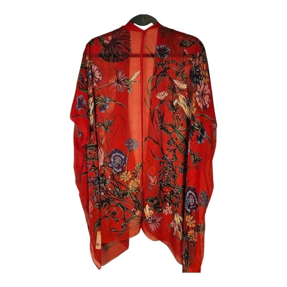 Bohemian Kimono Shawl red floral bathing suit coverup wrap beach boho duster​​​ - Picture 2 of 2